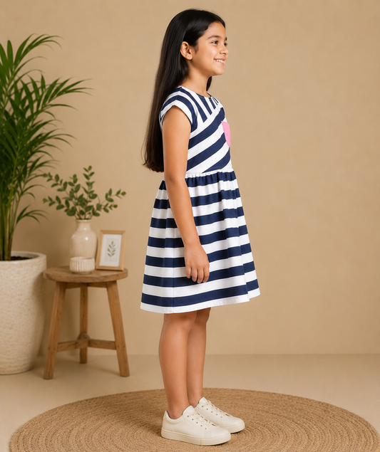 Black and white striped girls short sleeve dress with pink floral detailing and flared hem