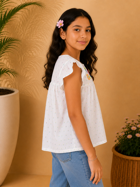 White girls short sleeve top with pink striped ruffle detailing and casual fit