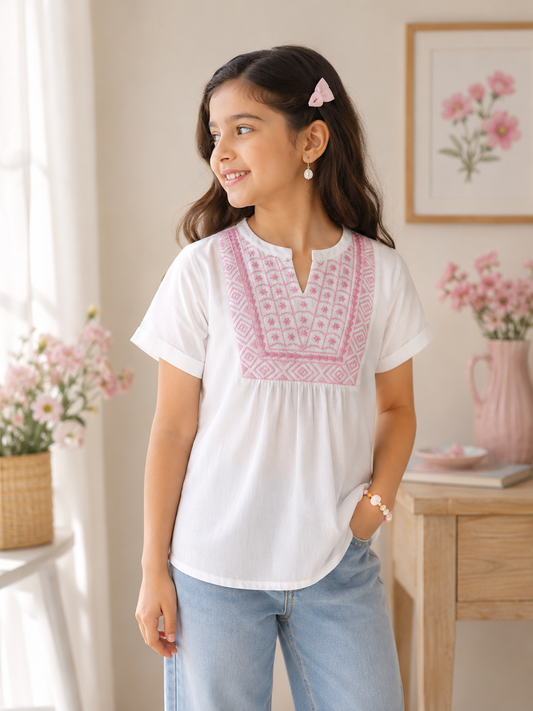 White girls short sleeve top with pink striped ruffle collar and contrast detailing