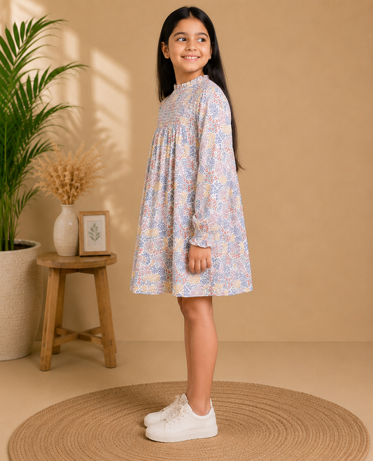 White and grey striped girls short sleeve dress with ruffle detailing and gathered waist