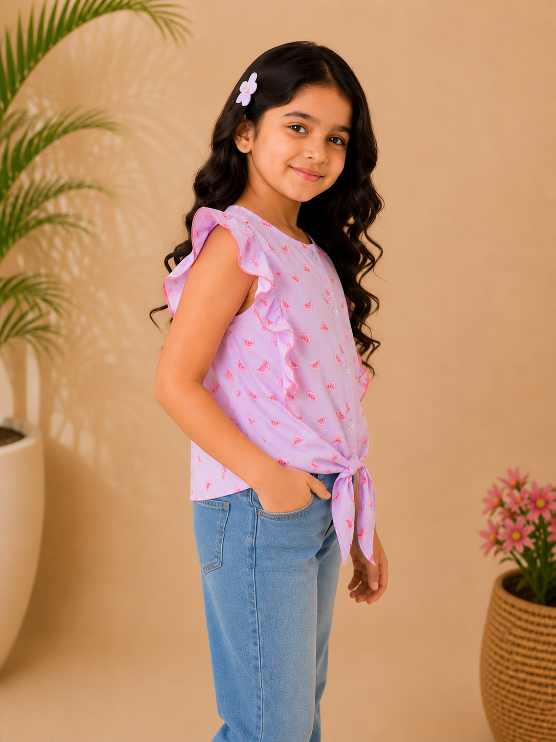 Pink floral printed girls sleeveless romper with ruffle sleeves and shorts