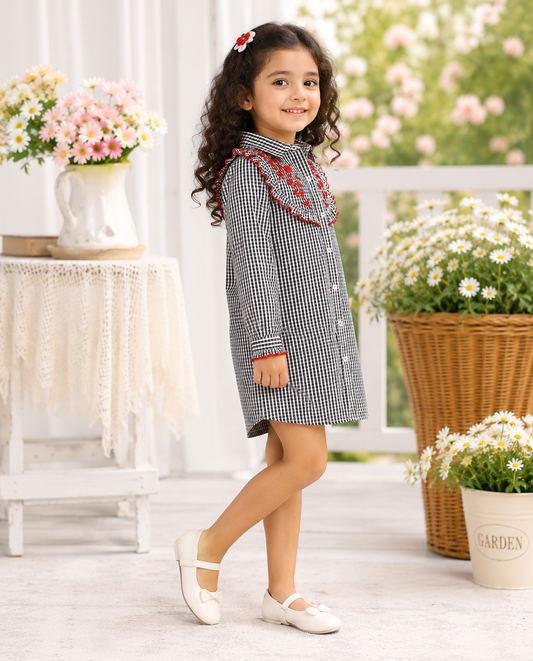 Grey girls checked short sleeve dress with red floral embroidery and ruffle detailing