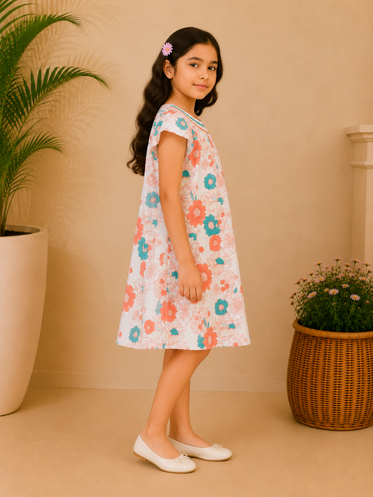 White girls floral printed short sleeve dress with colourful all-over print