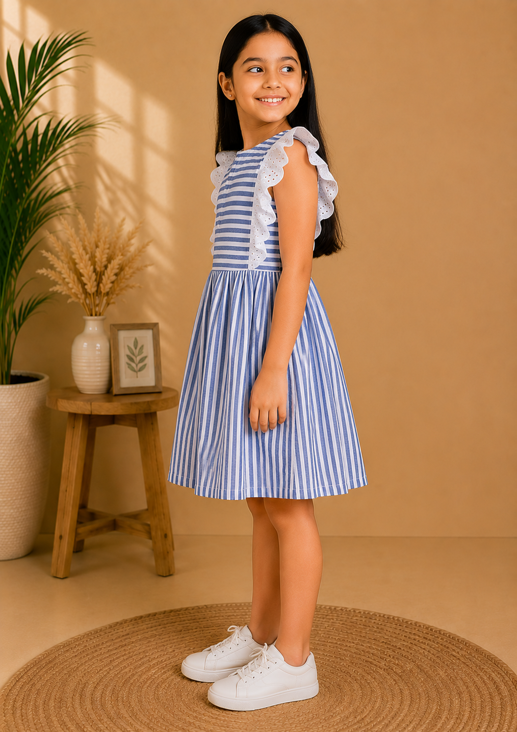 Blue and white striped girls sleeveless dress with gathered waist and flared hem