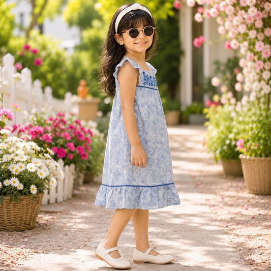 Blue girls striped short sleeve dress with layered ruffle hem and gathered waist