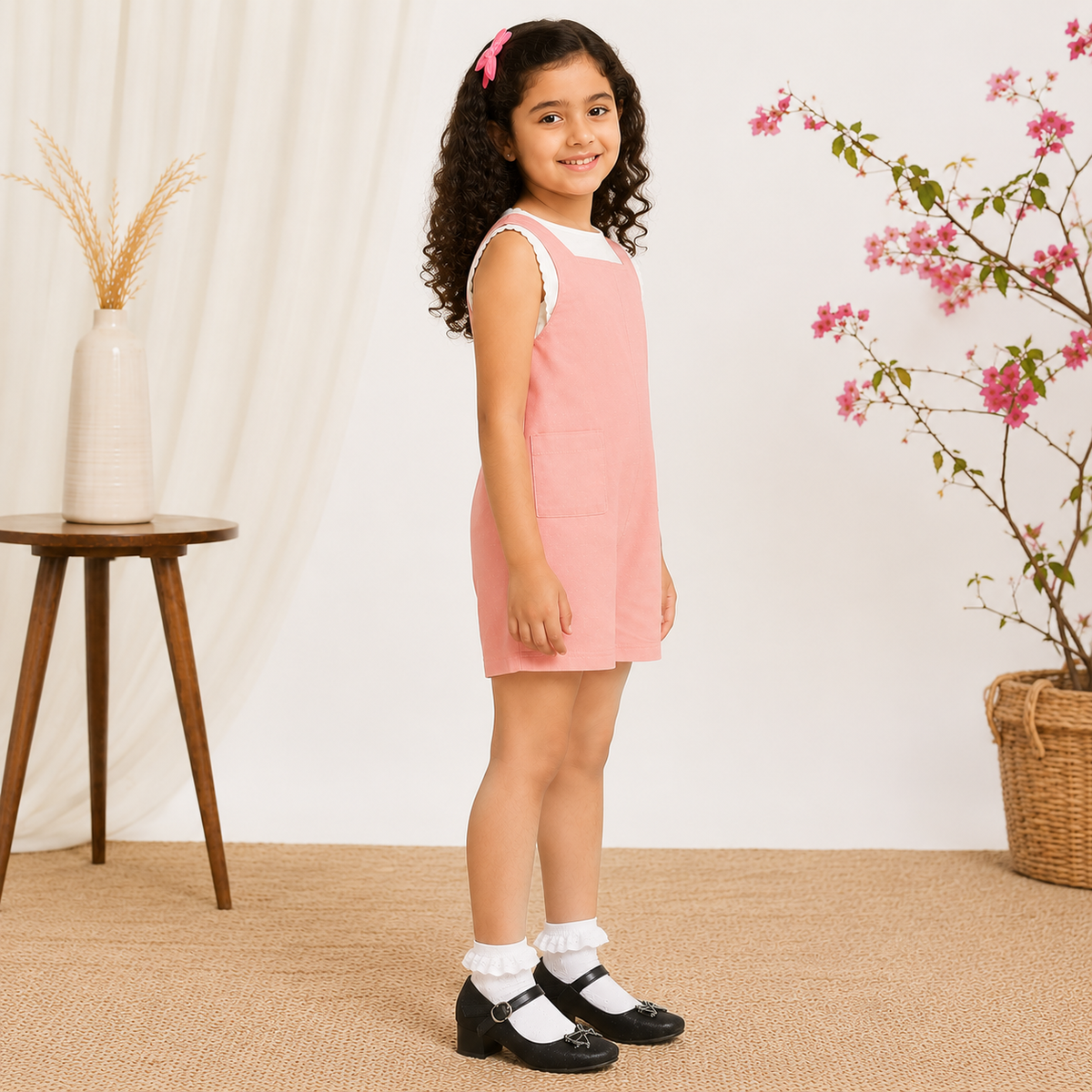 Pink checked girls sleeveless romper with shoulder straps and relaxed fit