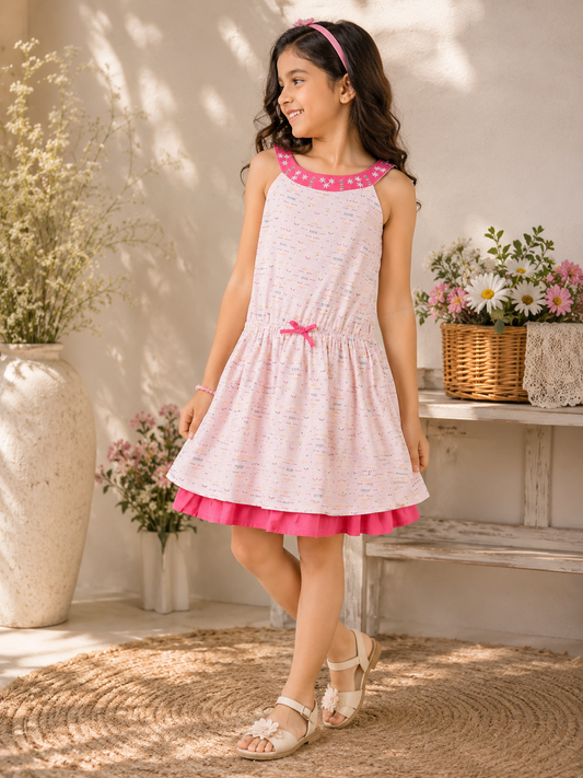 White and pink striped girls sleeveless dress with tiered ruffle hem