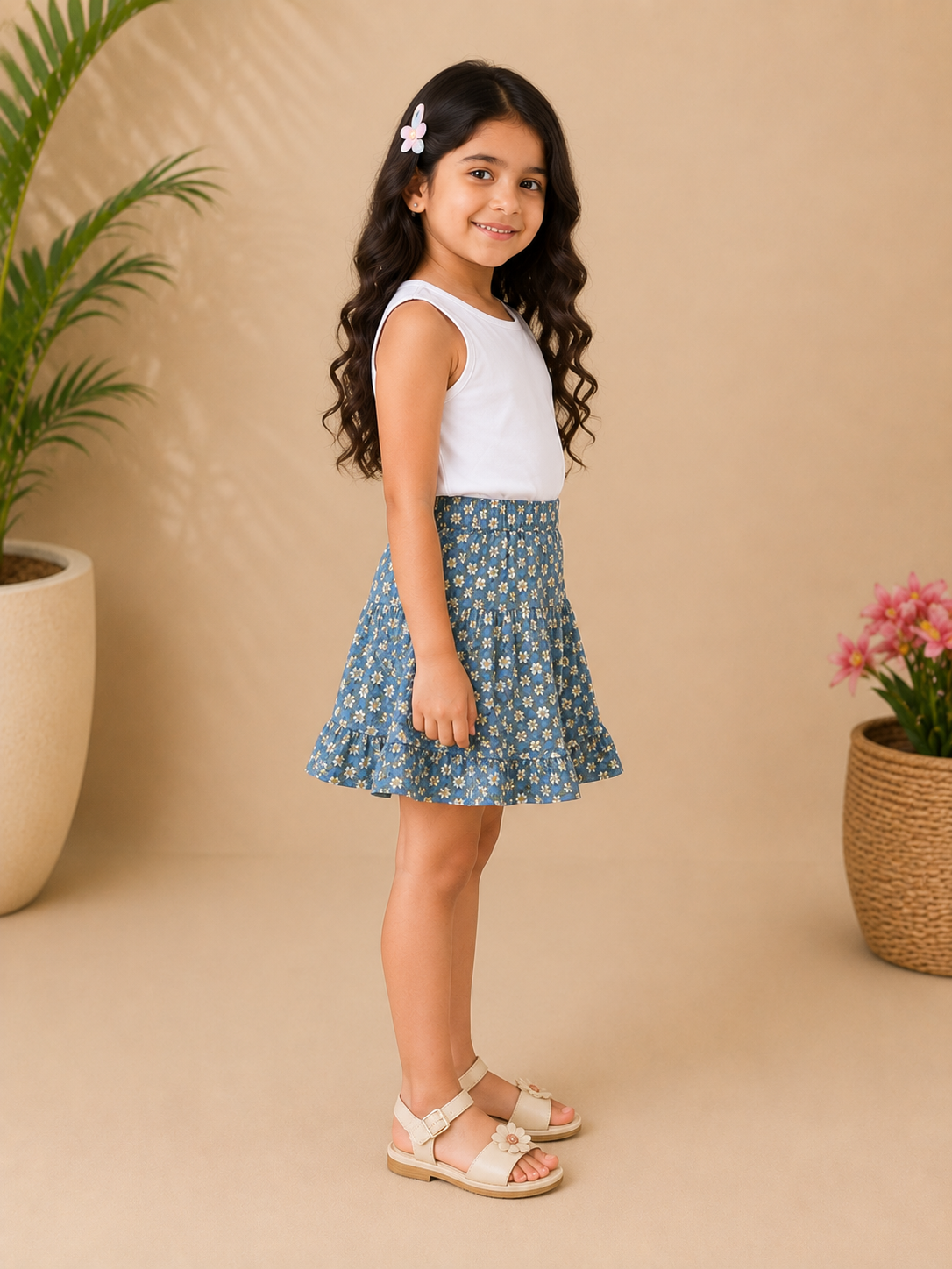 Blue floral printed girls asymmetric flared skirt with gathered waist