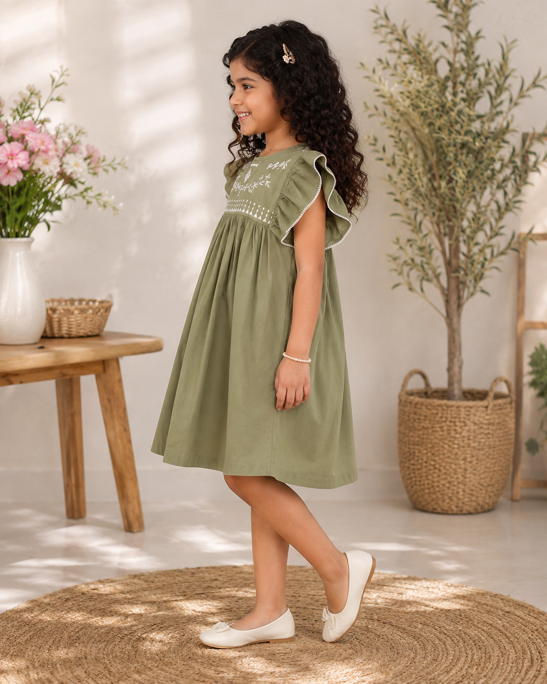 Olive green girls sleeveless fit and flare dress with ruffle detailing and flared hem