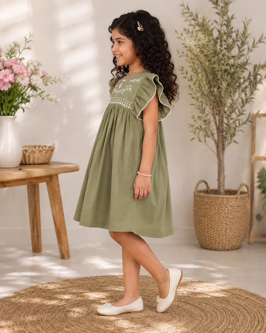 Olive green girls sleeveless fit and flare dress with ruffle detailing and flared hem