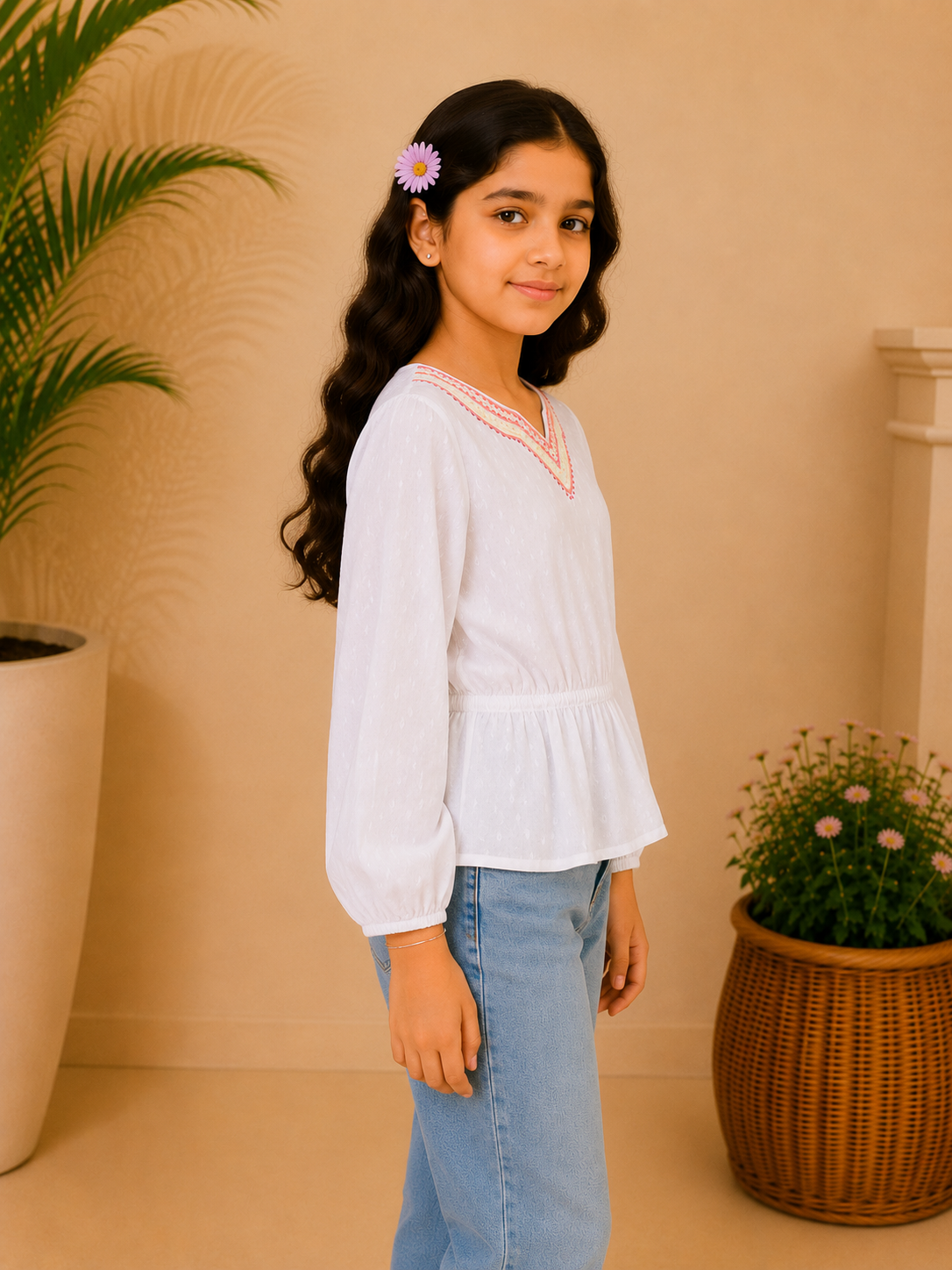 Girls Embroidered Peplum Long Sleeves Top