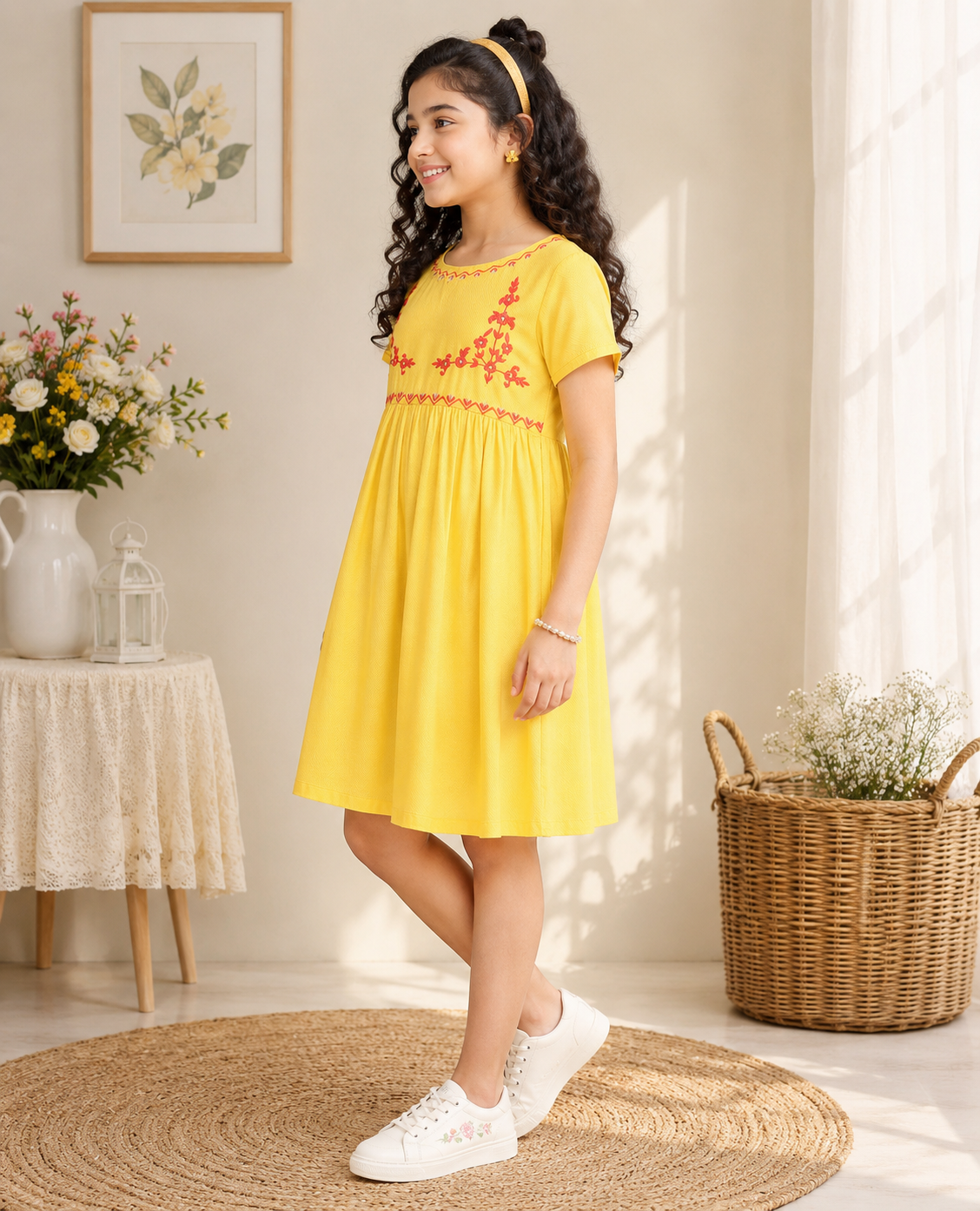 Yellow striped girls sleeveless dress with ruffle sleeves and flared hem
