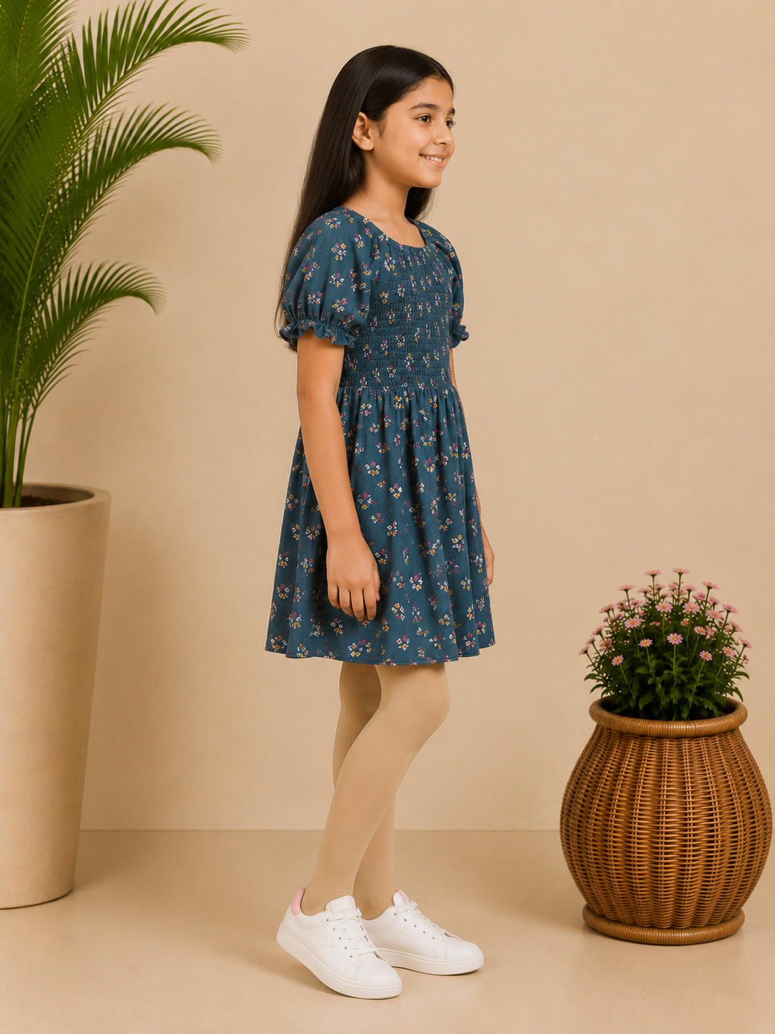 Navy blue girls floral printed short sleeve dress with gathered waist and flared hem