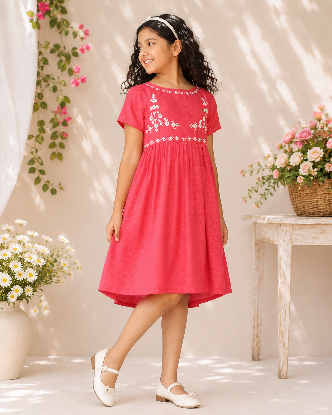 Coral red girls embroidered fit and flare dress with ruffle sleeves and flared hem