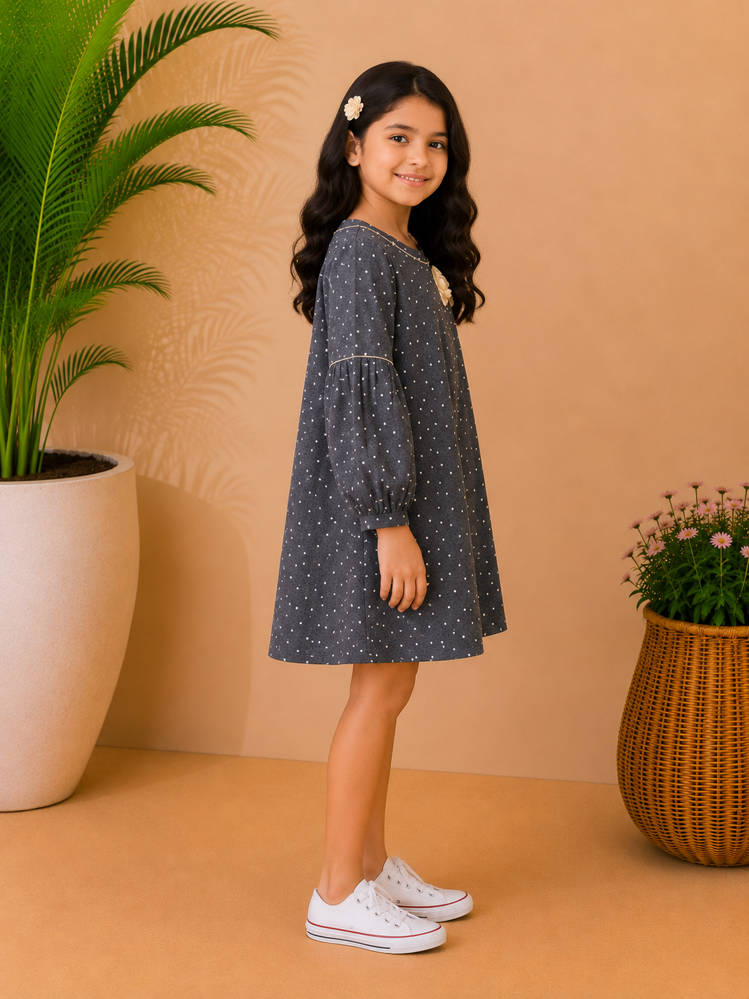 Black girls long sleeve A-line dress with grey striped detailing and flared hem