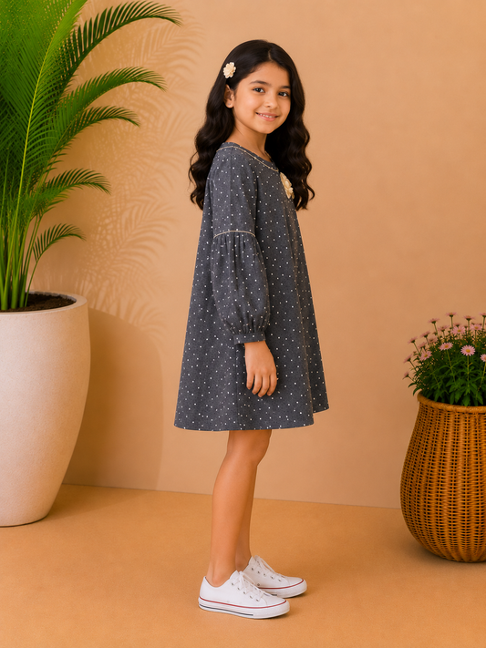 Black girls long sleeve A-line dress with grey striped detailing and flared hem