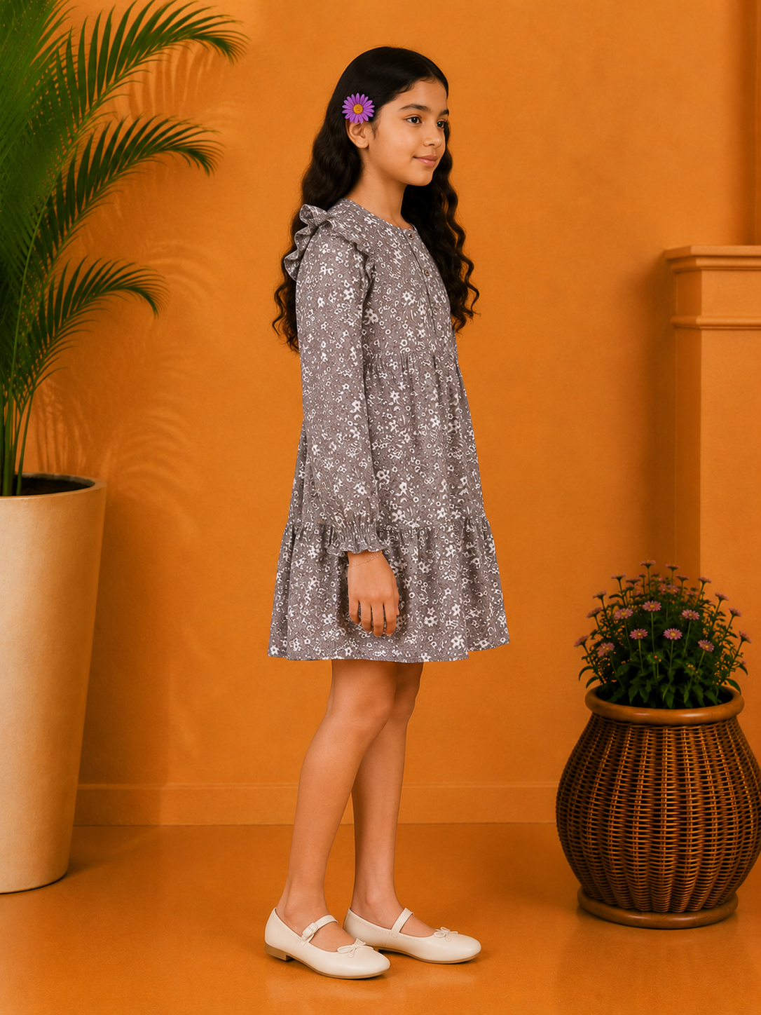 Grey girls long sleeve printed dress with gathered waist and ruffle hem