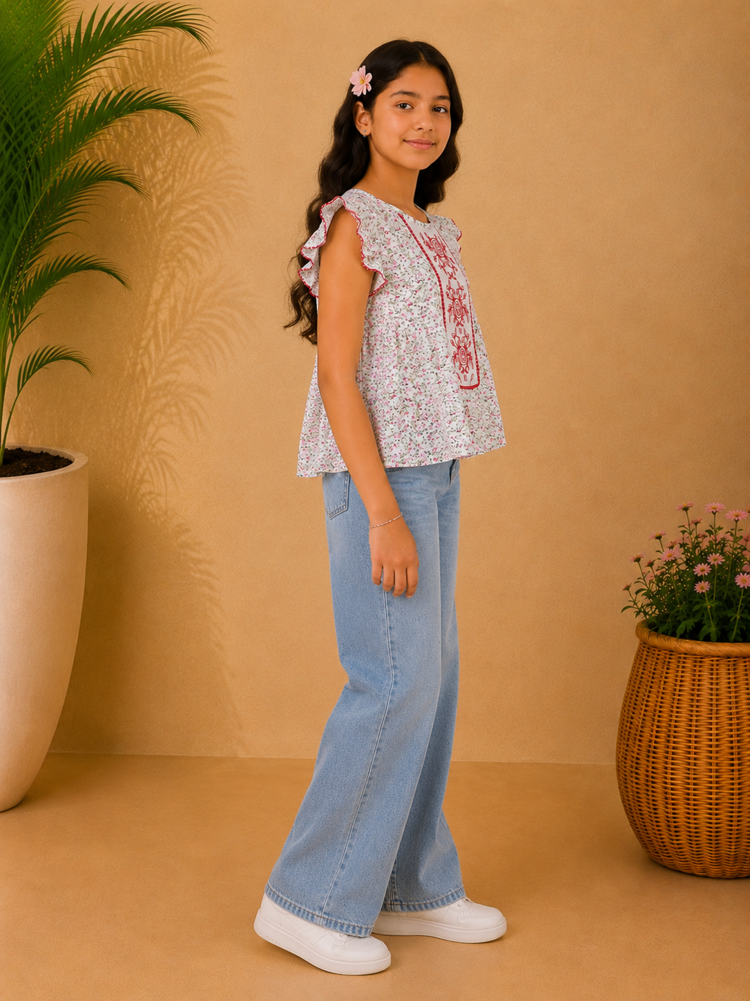 White girls sleeveless A-line dress with pink embroidered front detailing and flared hem