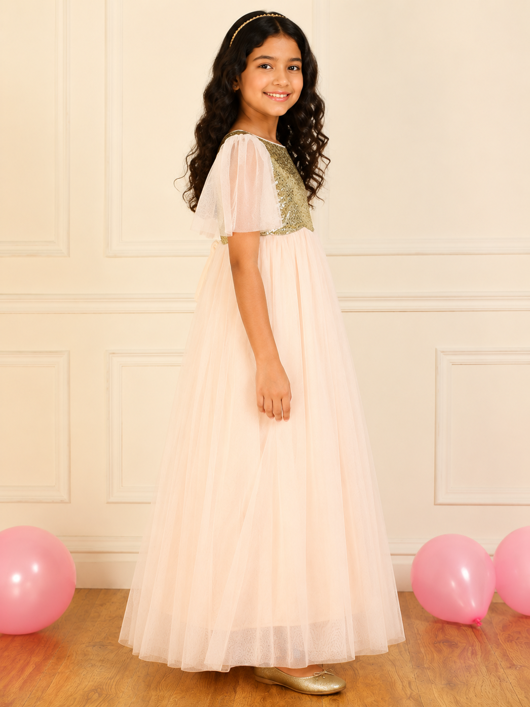 White girls layered tulle Dress with elasticated waist and flared silhouette