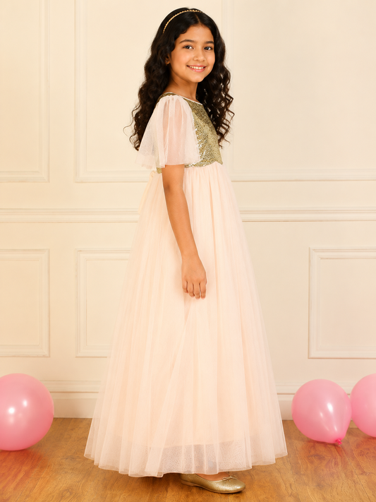 White girls layered tulle Dress with elasticated waist and flared silhouette