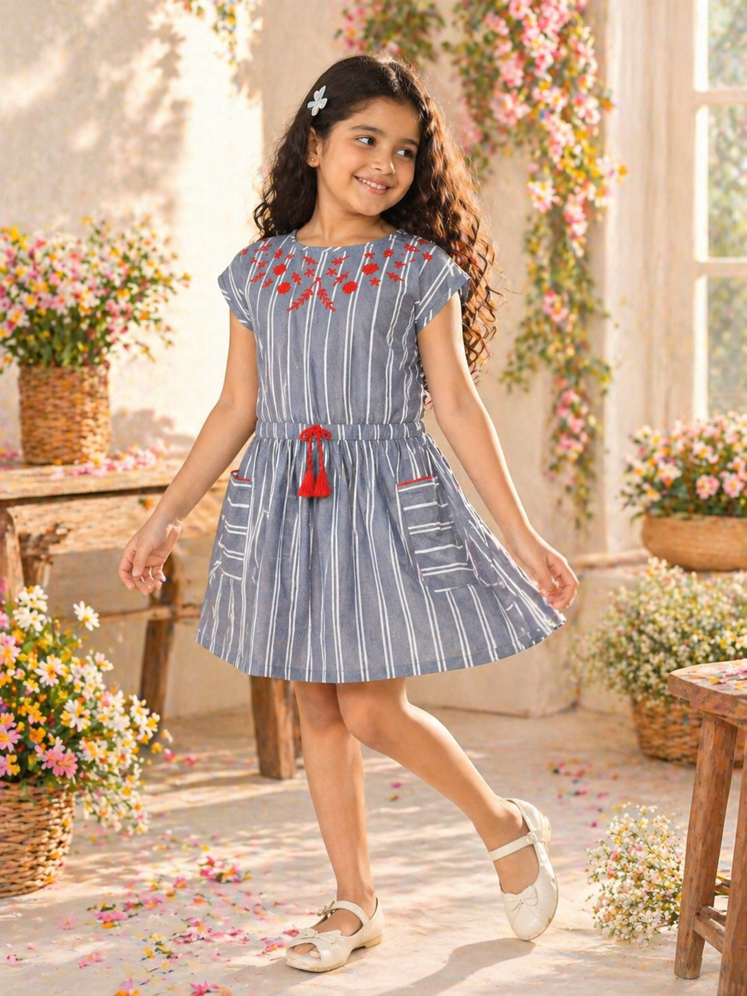 Blue striped girls co-ord set with ruffle sleeve top and matching shorts