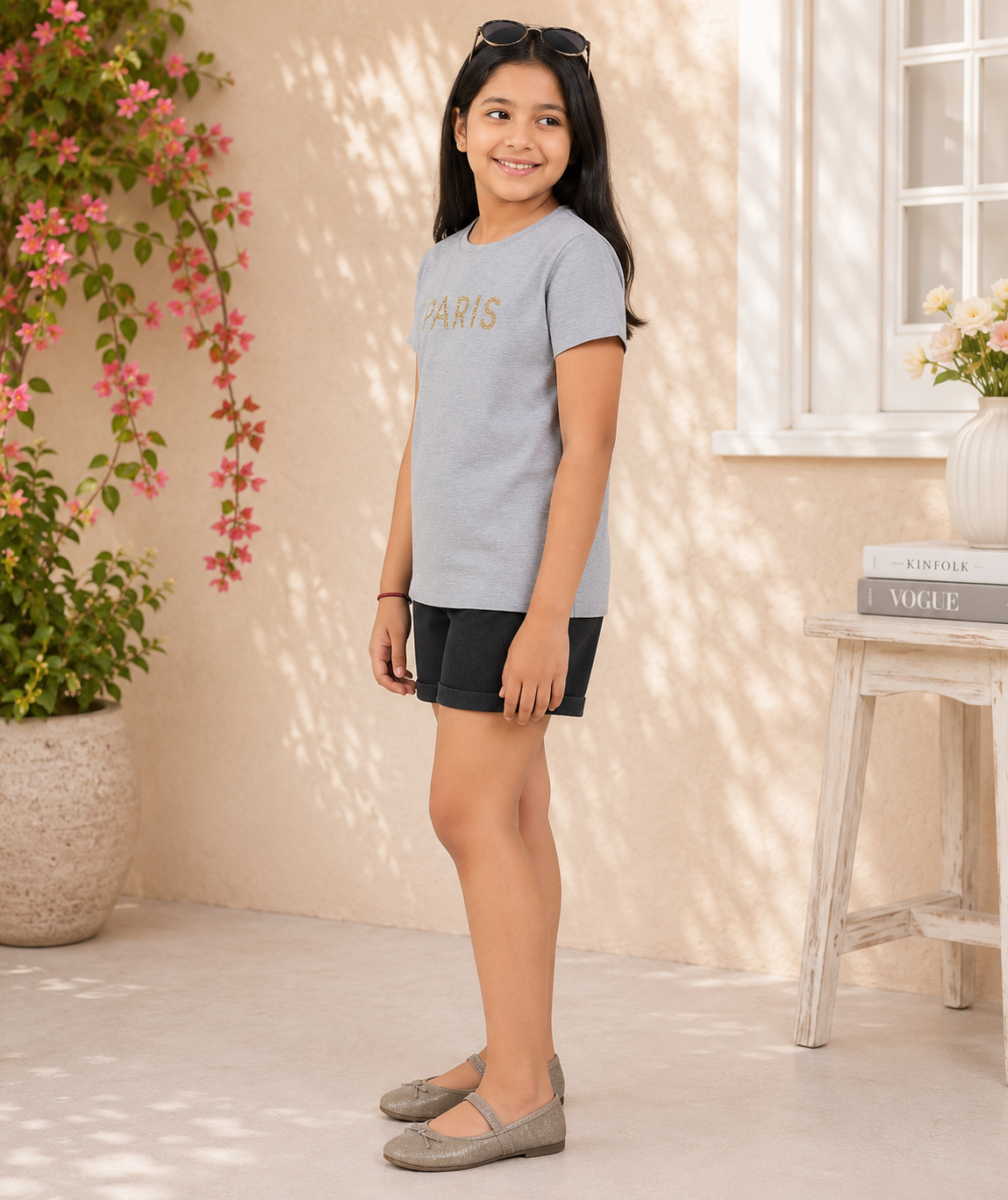 Grey girls short sleeve T-shirt dress with gold heart print and casual fit