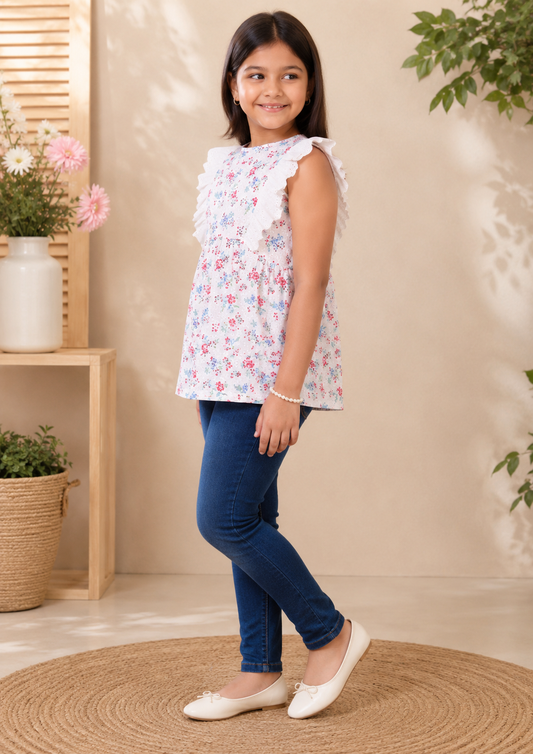 White girls sleeveless floral printed top with colourful all-over print