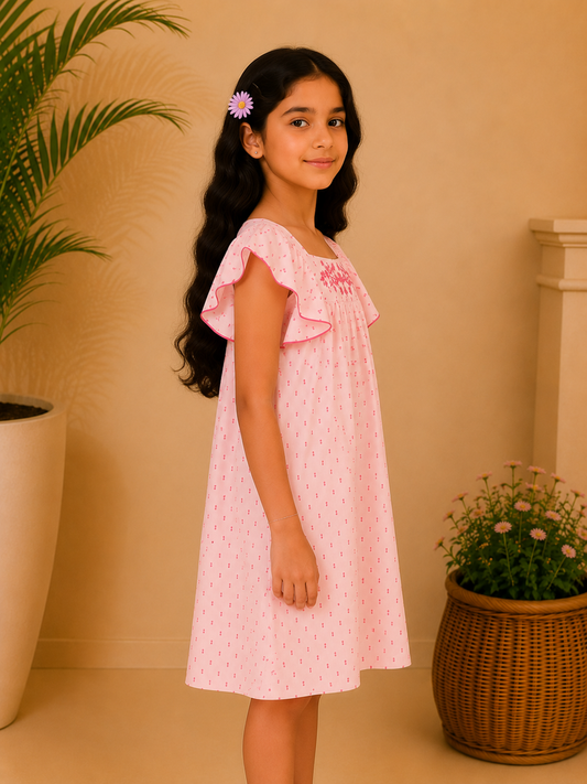 Pink girls sleeveless romper with ruffle detailing and comfortable shorts