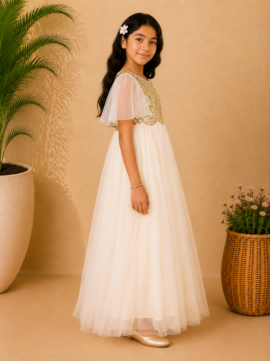 Cream girls short sleeve fit and flare dress with gathered waist and flowy skirt