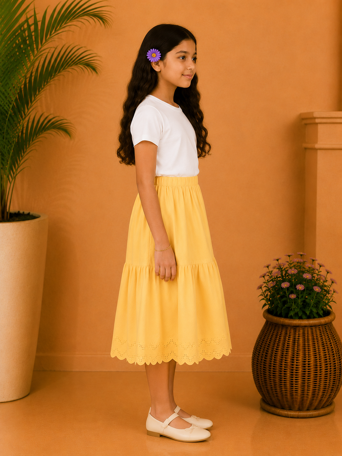 Black girls short sleeve top with mustard yellow flared skirt