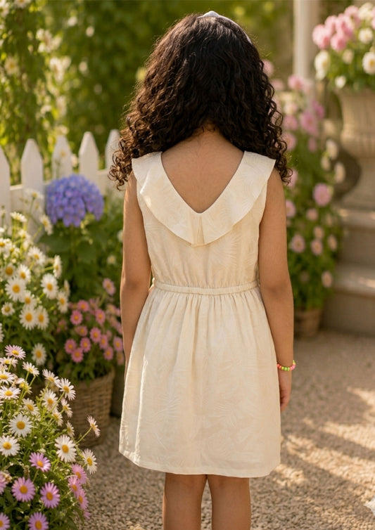 Beige girls sleeveless fit and flare dress with gathered waist and pleated skirt