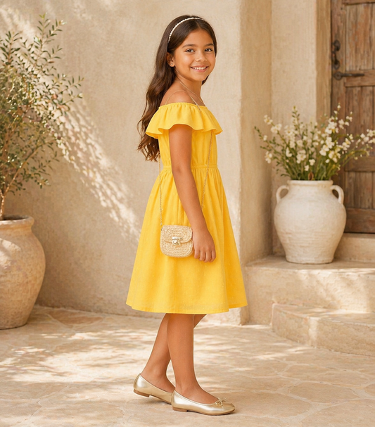 Yellow girls sleeveless fit and flare dress with ruffle detailing and flared hem