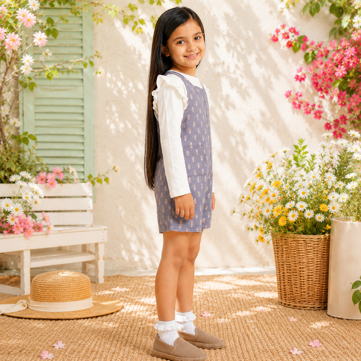 Grey checked girls sleeveless romper with shoulder straps and relaxed fit