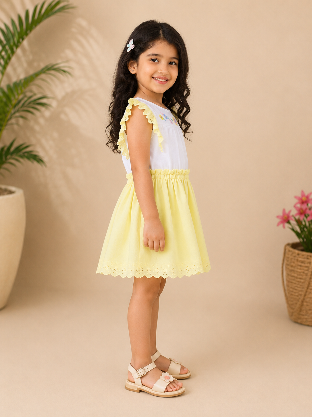 White girls sleeveless top with yellow striped skirt and gathered waist