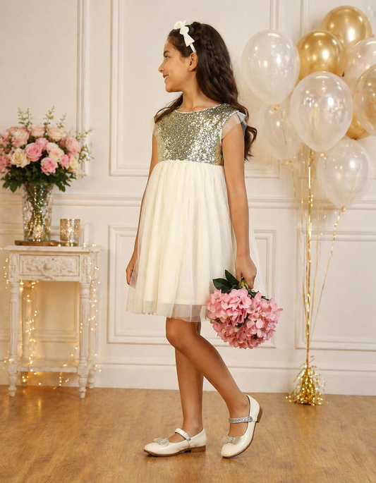 Cream girls sleeveless maxi dress with gathered waist and flowing flared hem