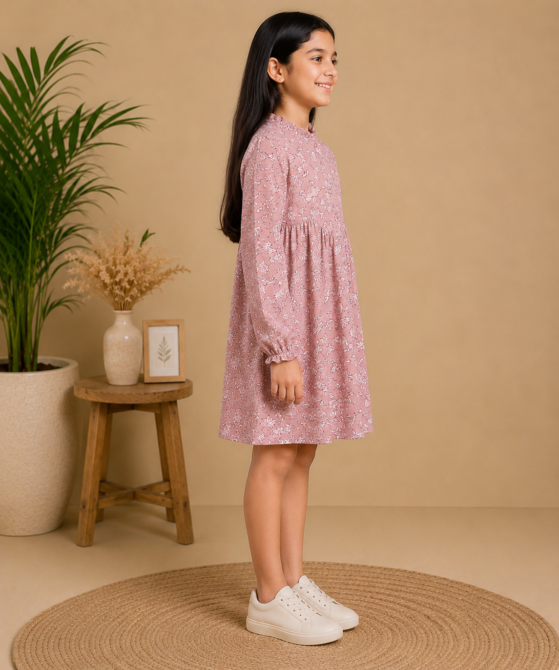Dusty pink girls long sleeve dress with gathered waist and ruffle hem