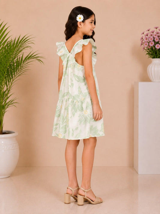 White and green floral printed girls flared skirt with gathered waist