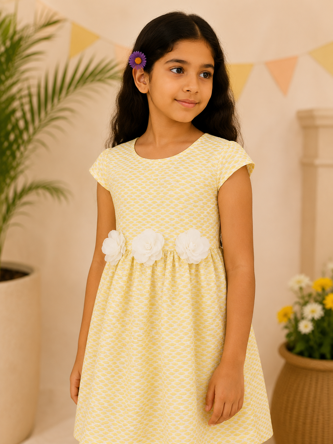 Yellow girls sleeveless fit and flare dress with ruffle sleeves and flared skirt