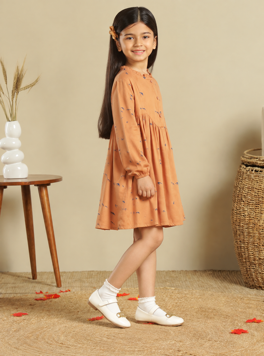 Girls Printed Ruffle Neck Dress