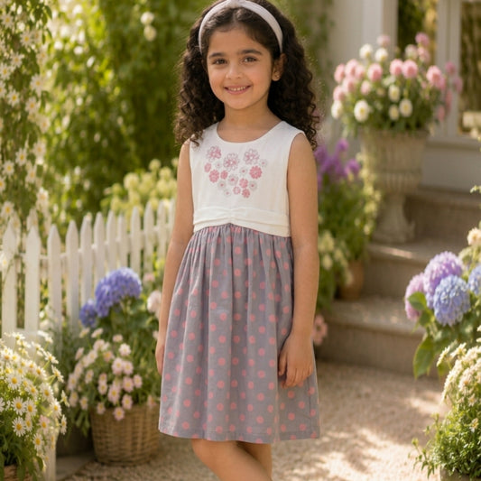White girls sleeveless top with floral detailing and brown checked flared skirt