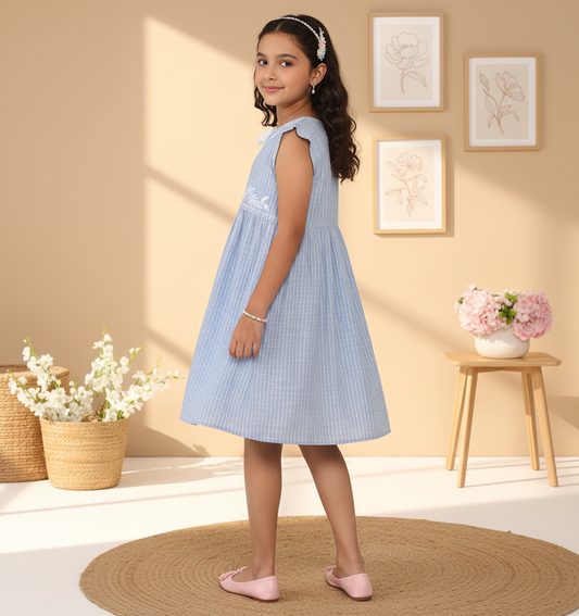 Blue girls short sleeve romper with ruffle sleeves and comfortable shorts