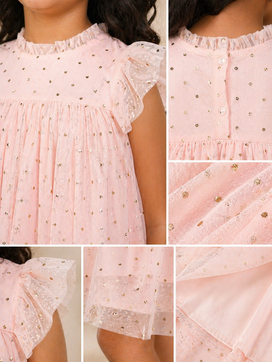 Peach girls short sleeve A-line dress with ruffle detailing and flared hem