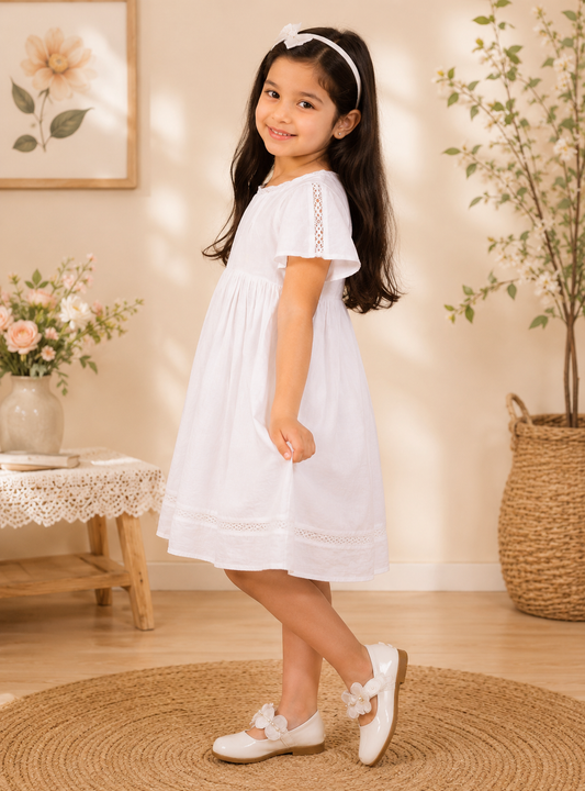 White girls short sleeve tiered dress with gathered waist and flared skirt