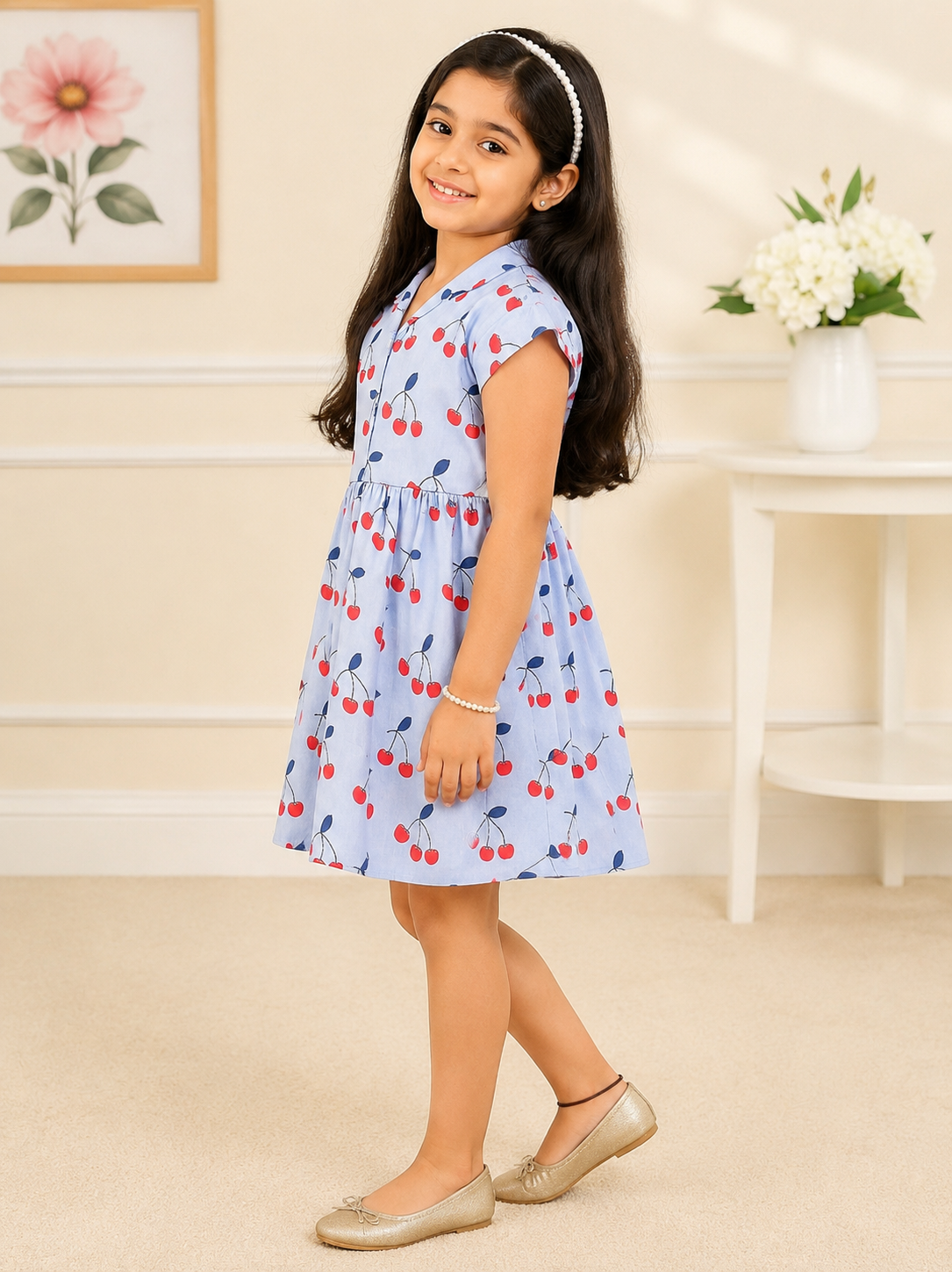 White girls floral printed sleeveless dress with purple detailing and flared hem
