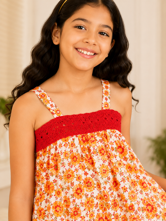 White and orange floral printed girls sleeveless dress with contrast red hem and flared skirt