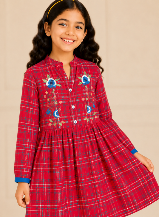 Red checked girls long sleeve dress with ruffle detailing and gathered waist