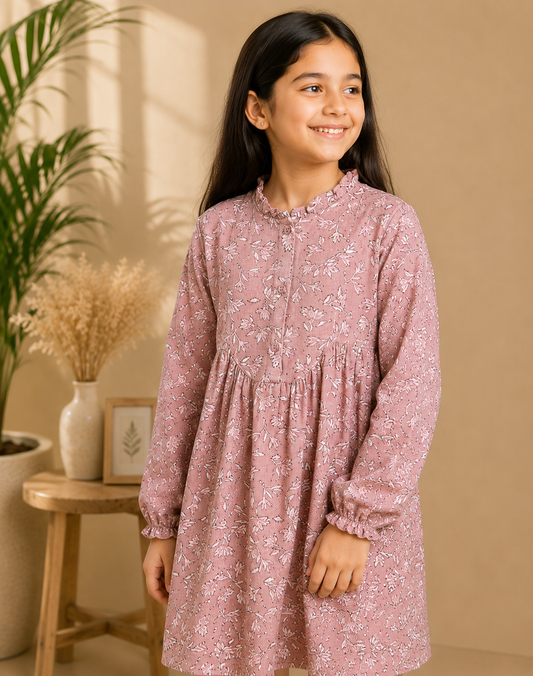 Dusty pink girls long sleeve dress with gathered waist and ruffle hem