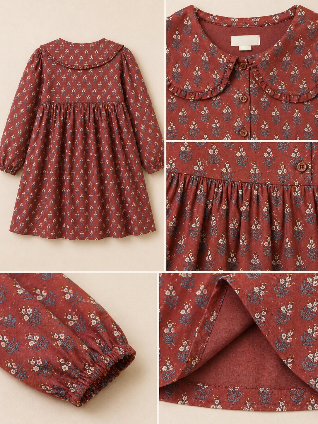 Brown checked girls flared skirt with gathered waist and pleated detailing
