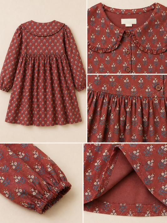 Brown checked girls flared skirt with gathered waist and pleated detailing