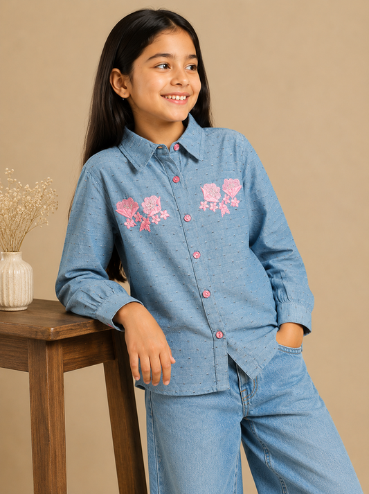 Blue girls long sleeve sweatshirt with pink floral embroidery